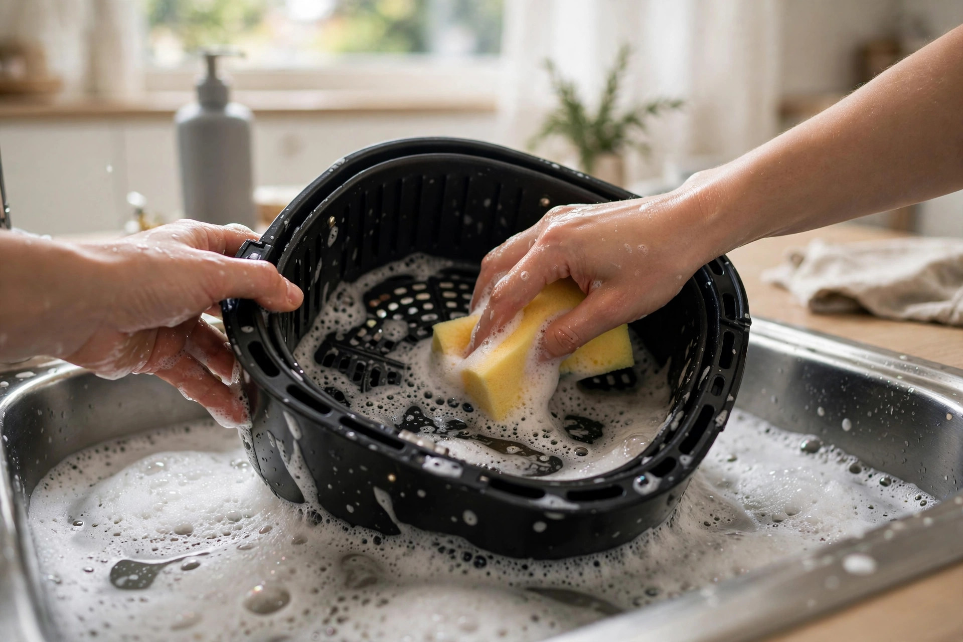 Hands washing the black air fryer basket in a kitchen sink full of warm soapy water