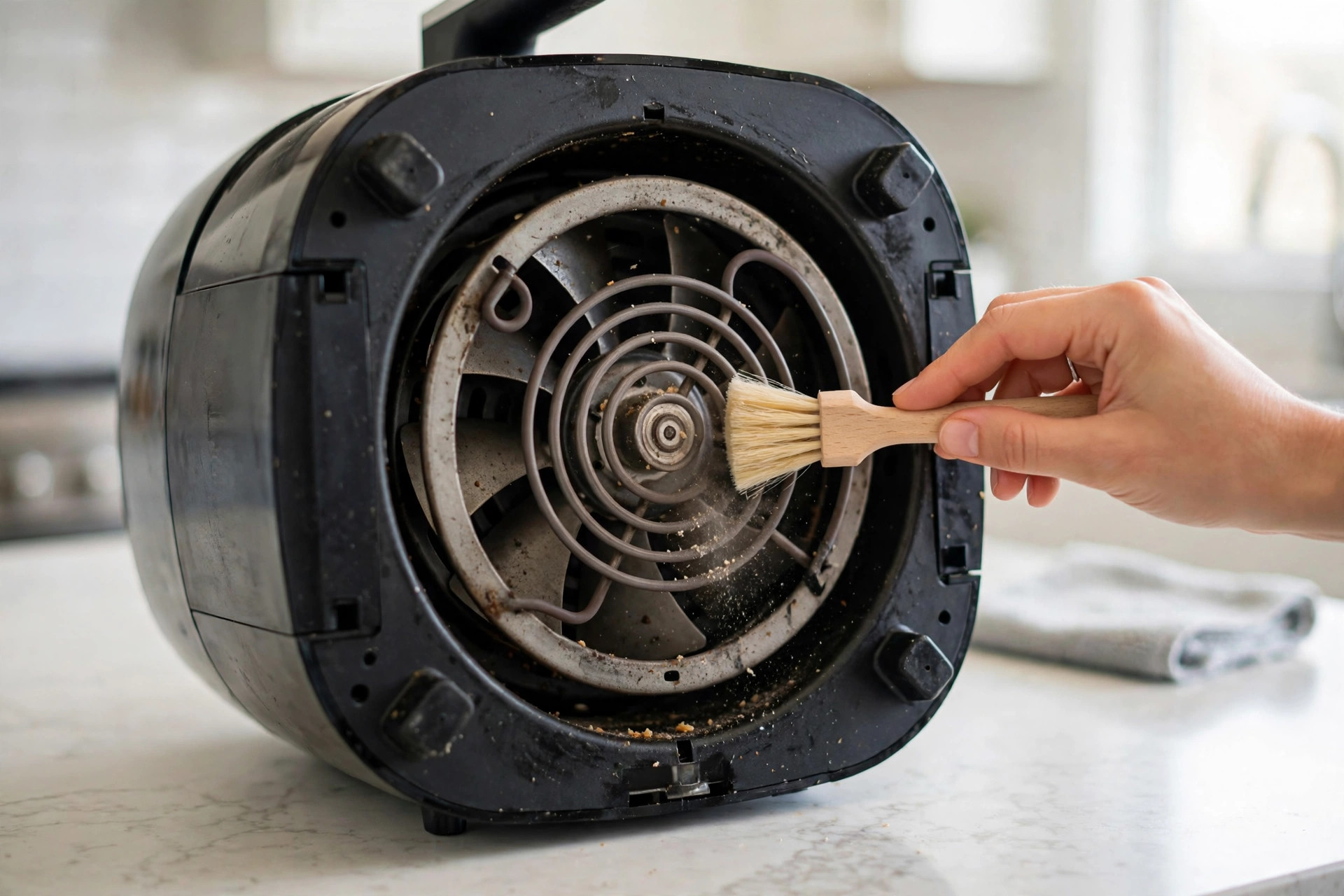 A hand gently brushing the exposed heating element of an upside down air fryer