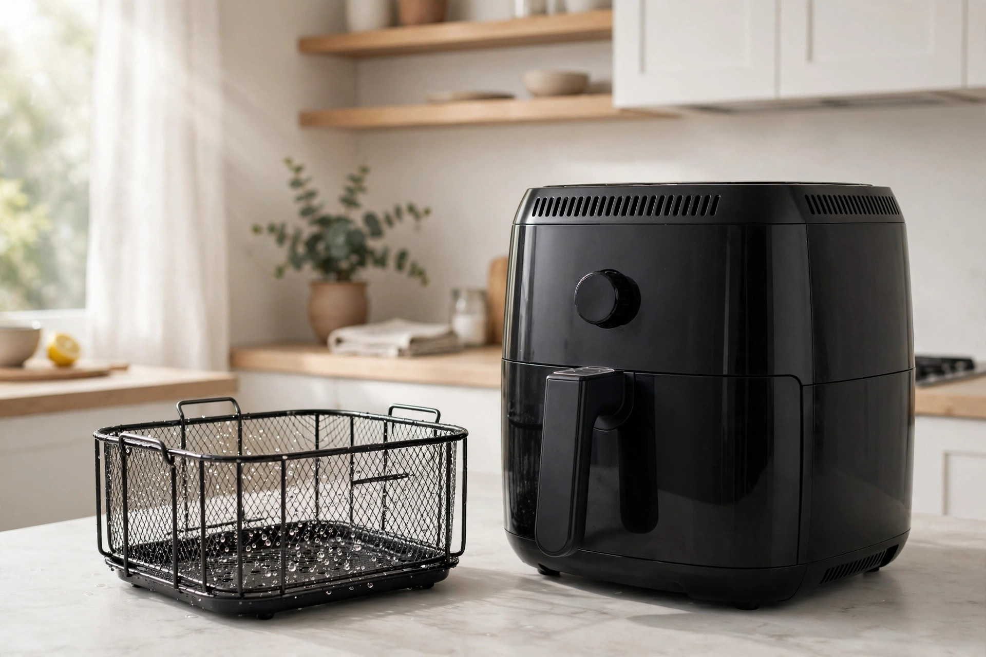 Sparkling clean reassembled air fryer on a bright kitchen counter