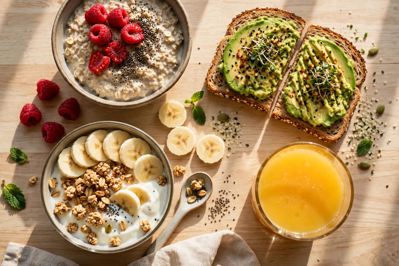 Colorful high fiber breakfast spread with oatmeal, berries, avocado toast and yogurt bowls