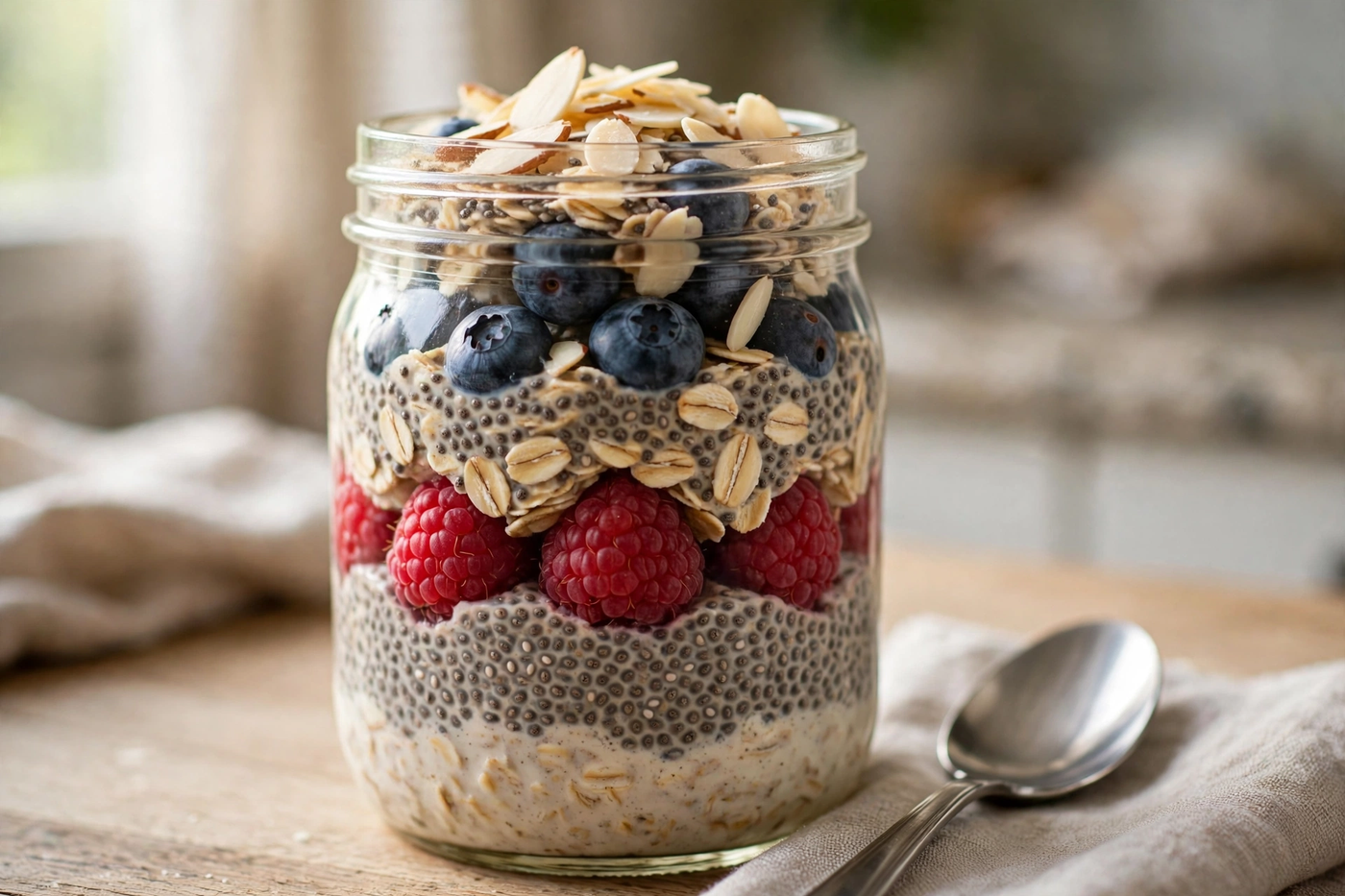 Overnight oats jar layered with chia seeds, raspberries and blueberries