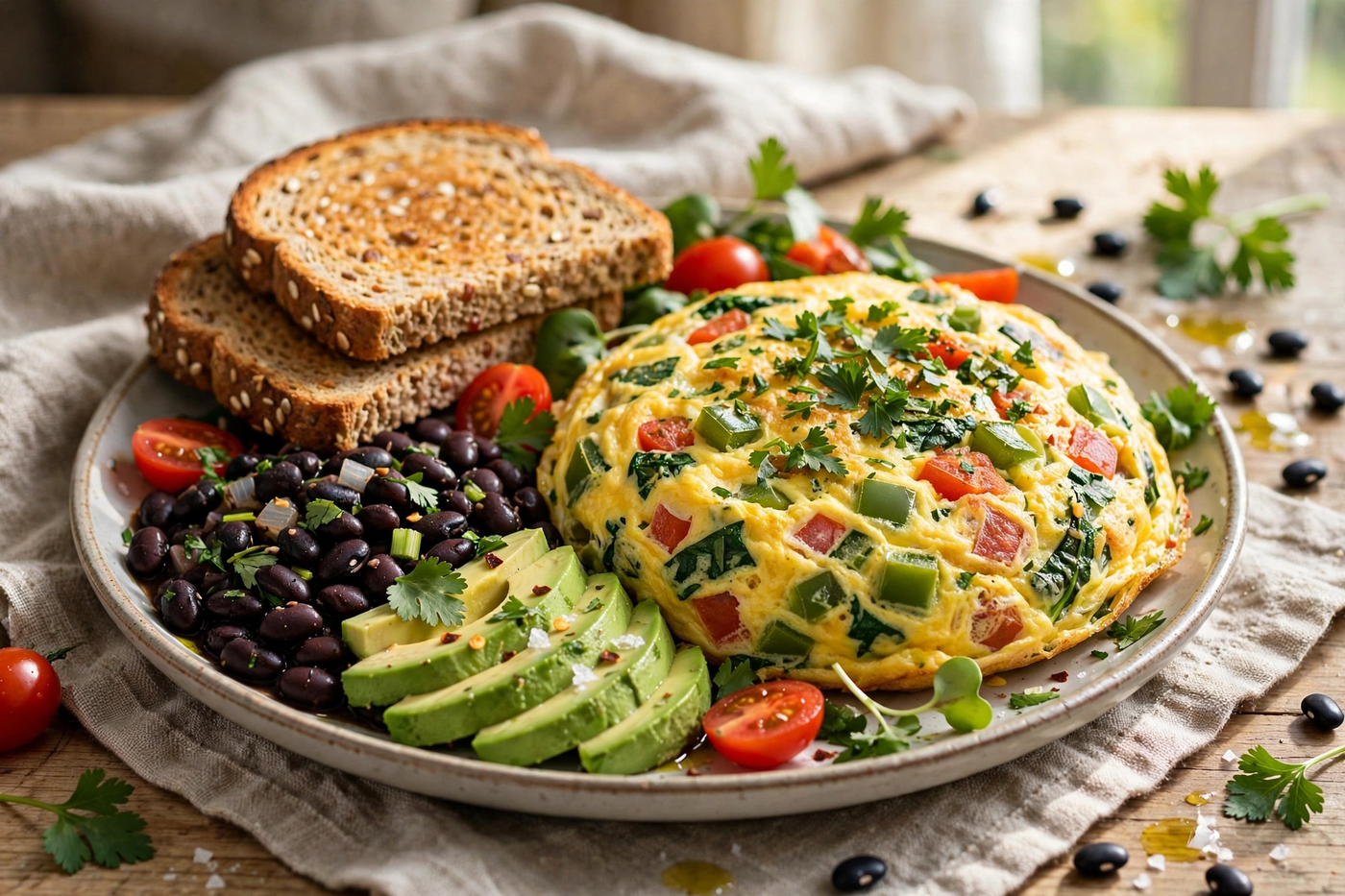 Vegetable omelet served with black beans and avocado on a plate