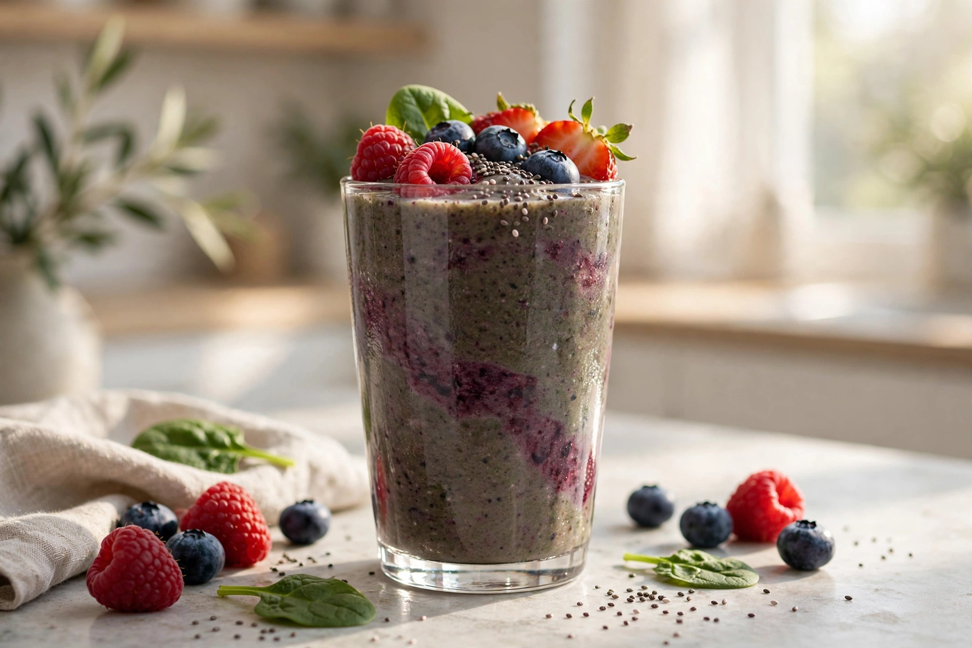 Berry and spinach smoothie in a tall glass topped with fresh berries