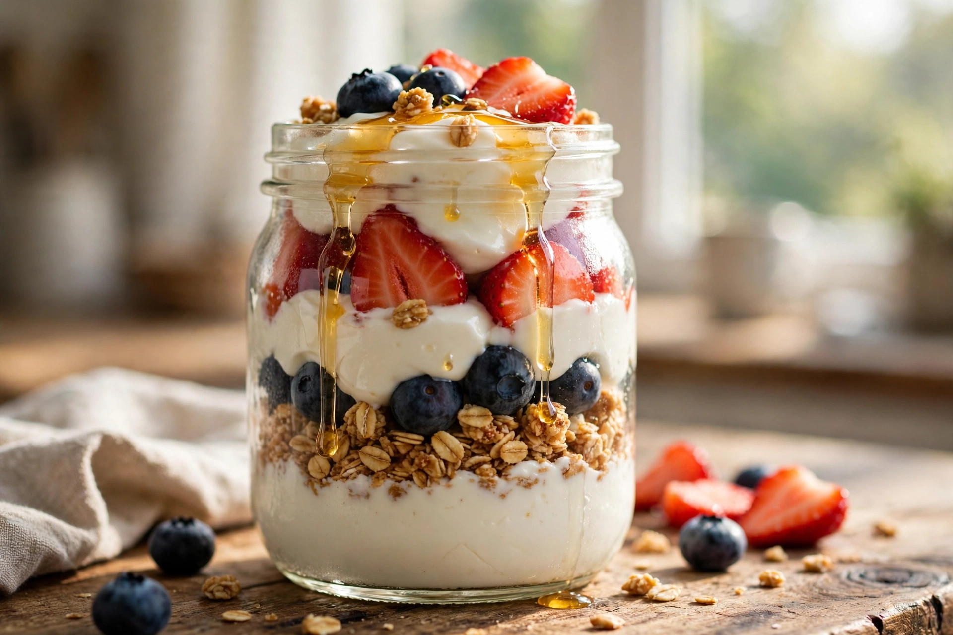 Greek yogurt parfait with berries and granola in a glass jar