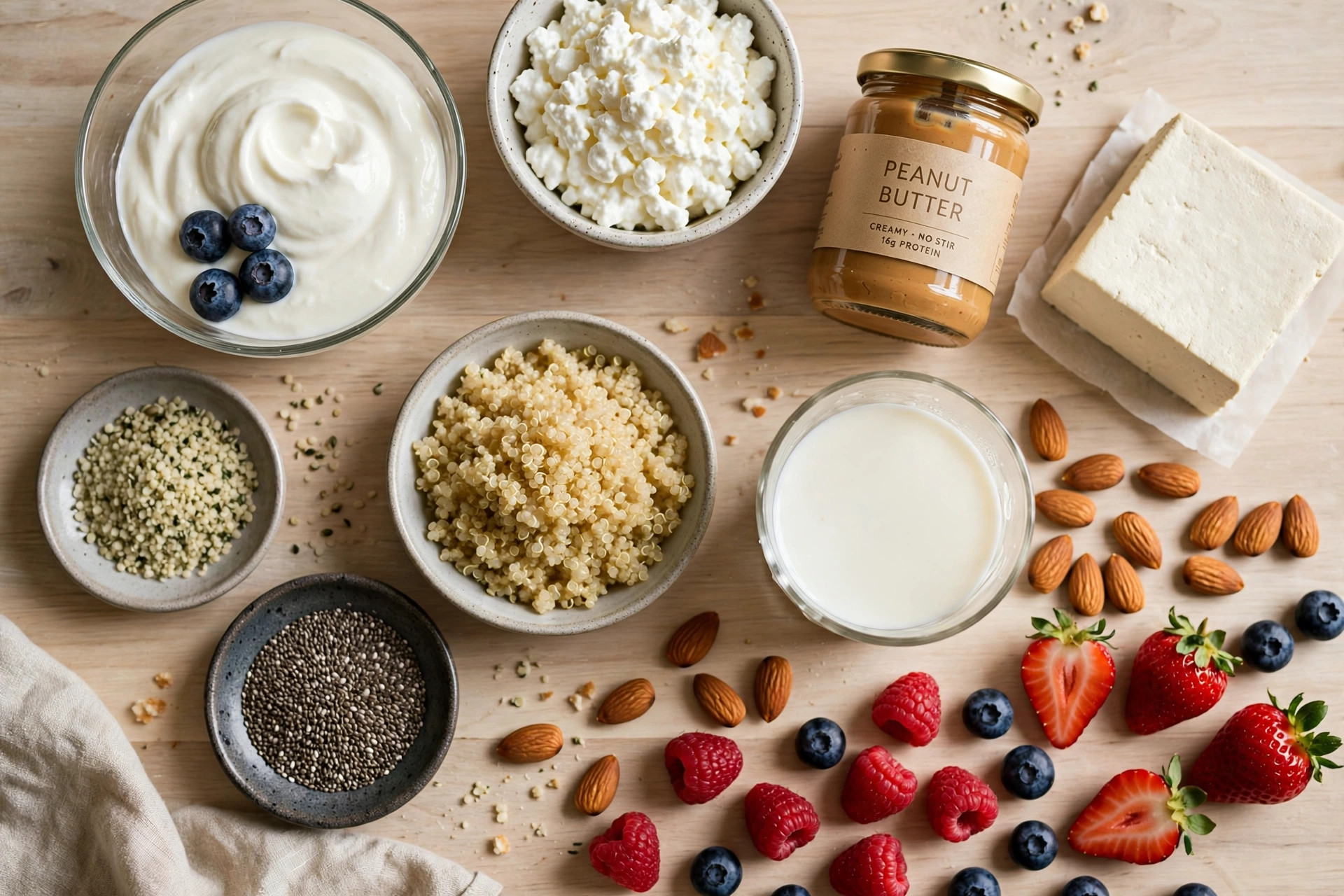 Flat lay of high protein breakfast ingredients without eggs