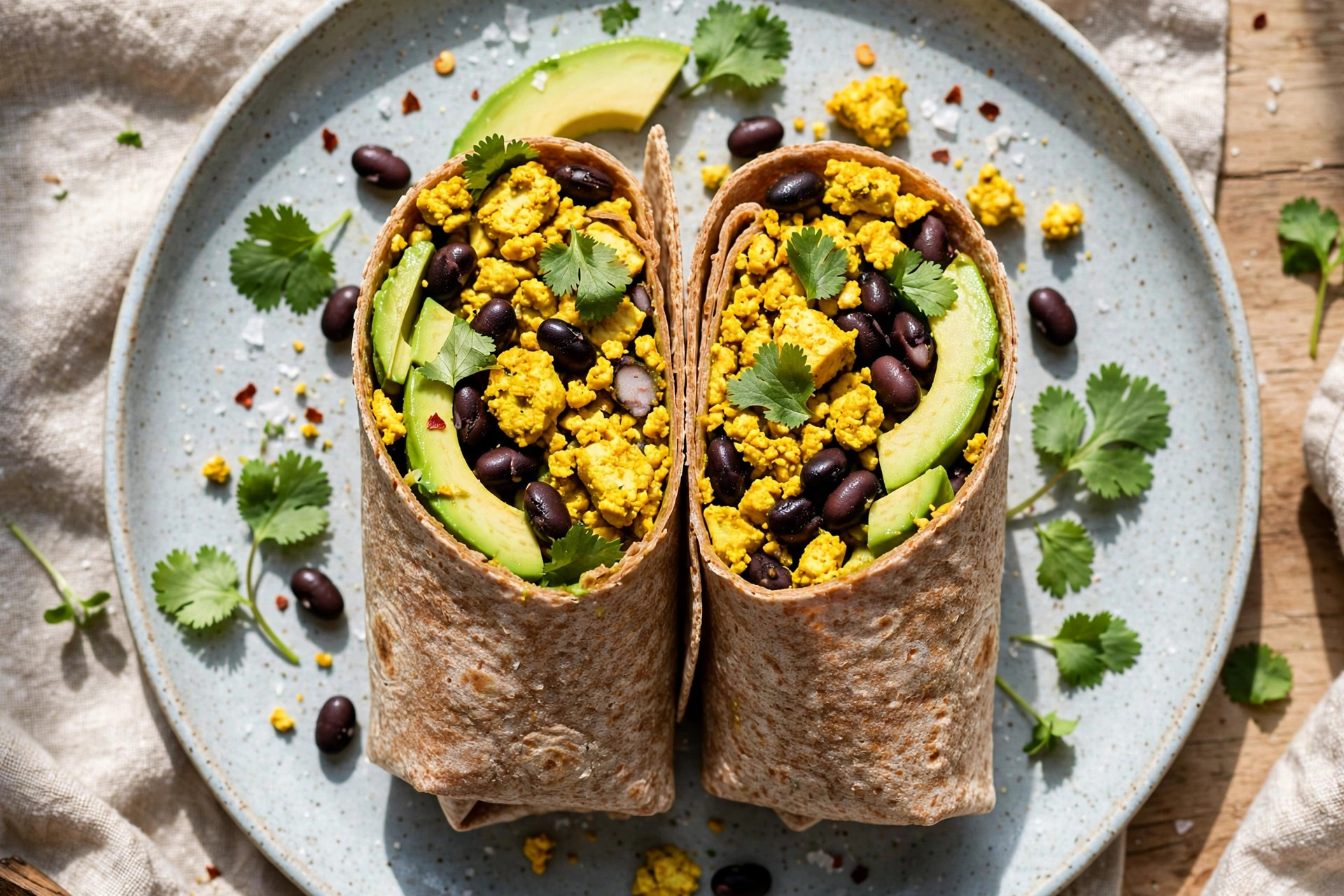 Tofu scramble breakfast wrap with black beans and avocado