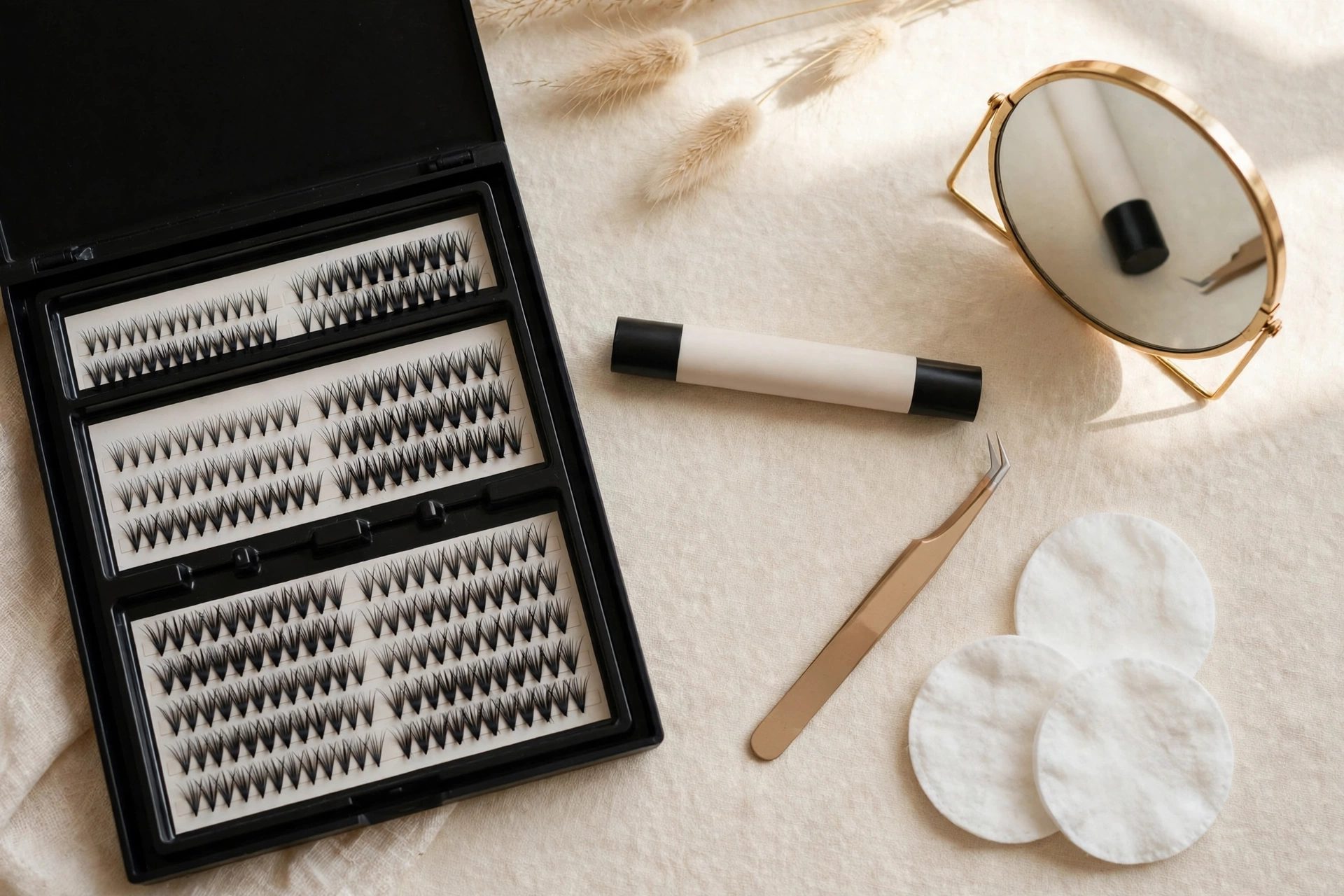 Lash cluster starter kit with tweezers, bond and cluster tray on a vanity