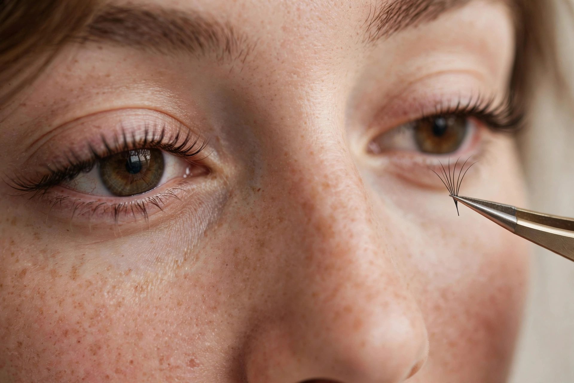 Tweezers placing a lash cluster under natural upper lashes