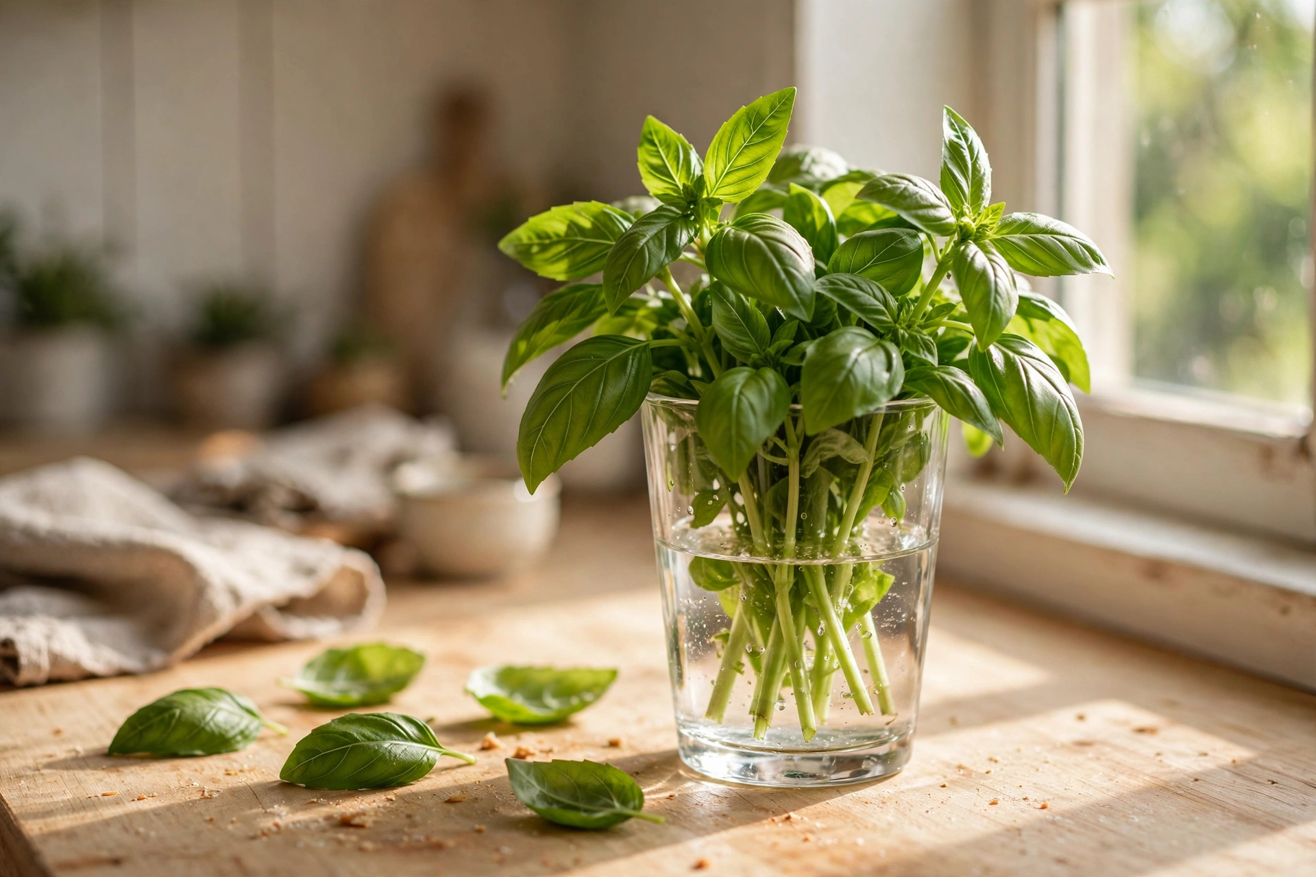 Fresh basil bouquet standing in a glass of water on a sunny kitchen counter