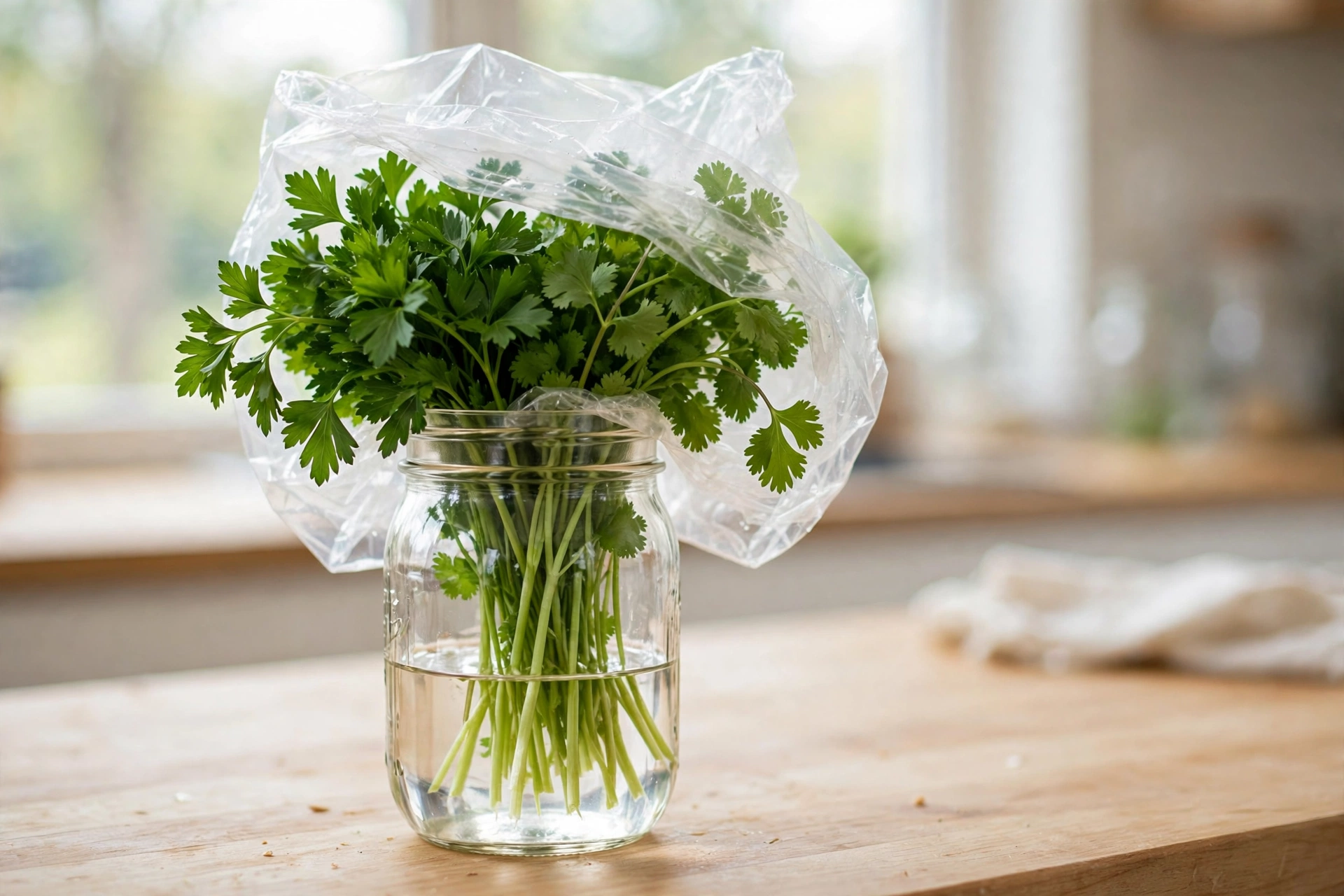 Fresh parsley and cilantro stored in a water jar covered with a plastic bag