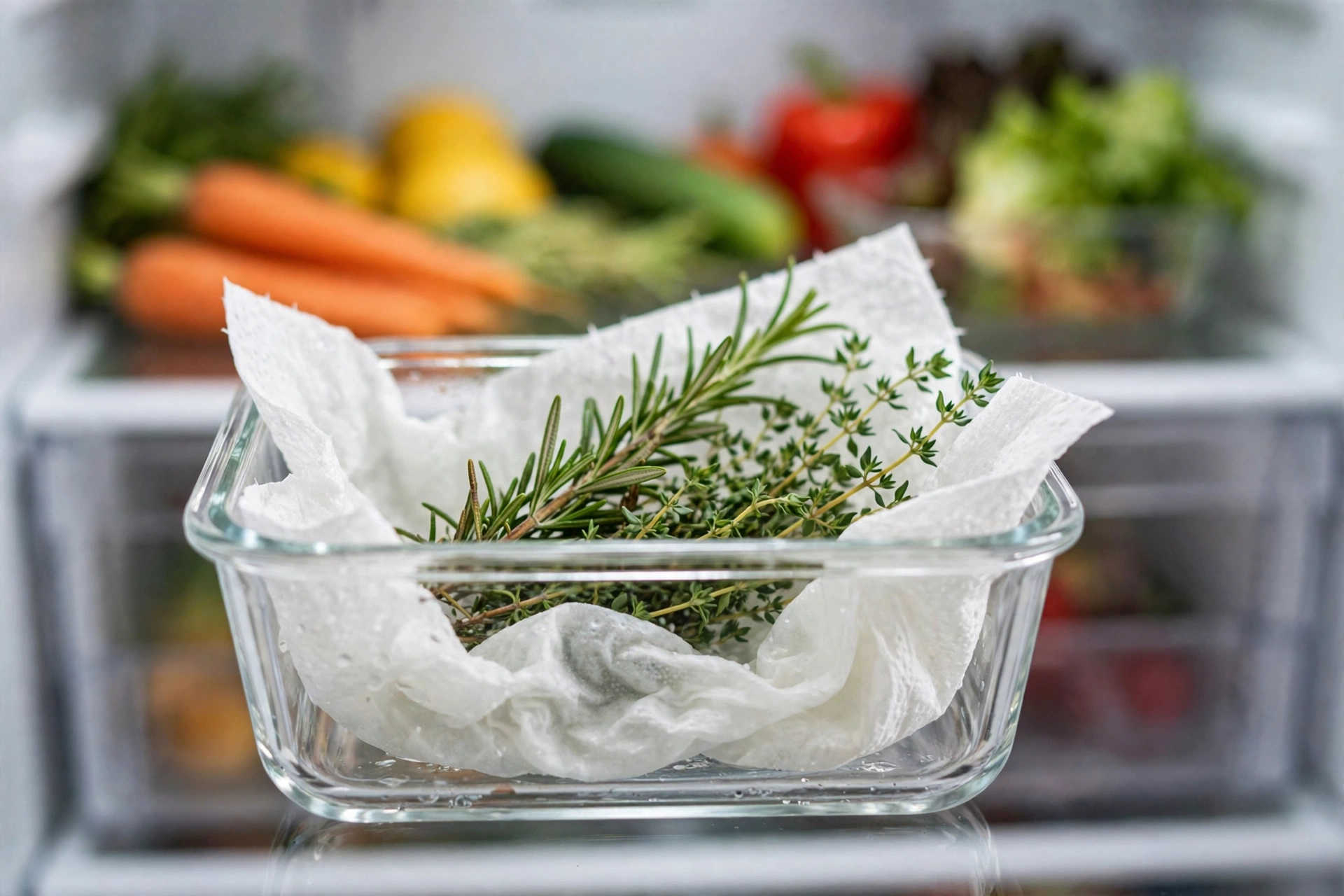 Rosemary and thyme wrapped in a damp paper towel inside a glass container